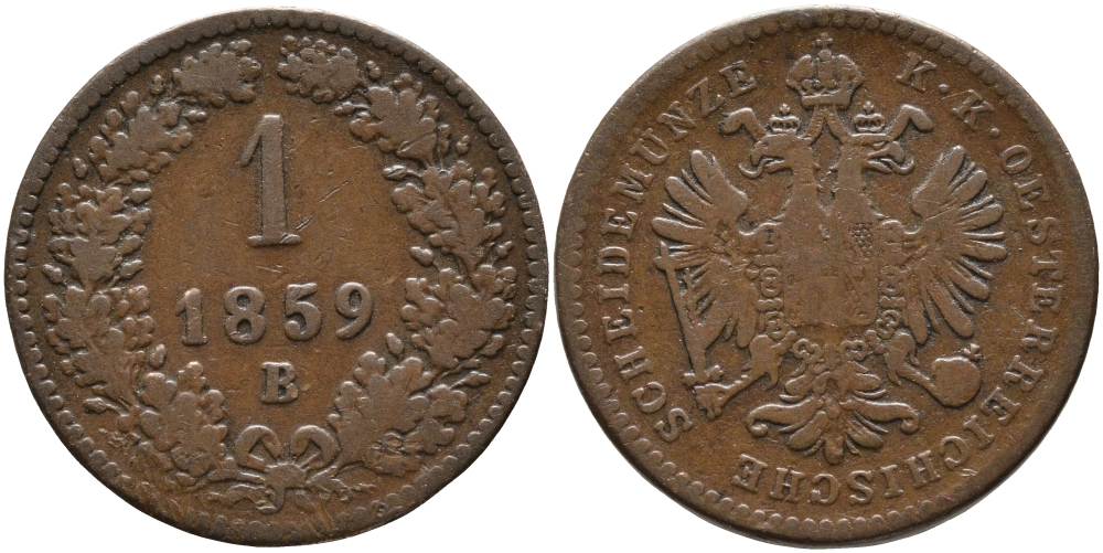 Австрия 1 крейцер 1859 В, Франц Иосиф I (1848-1916) KM 2186 медь 4387-1269
