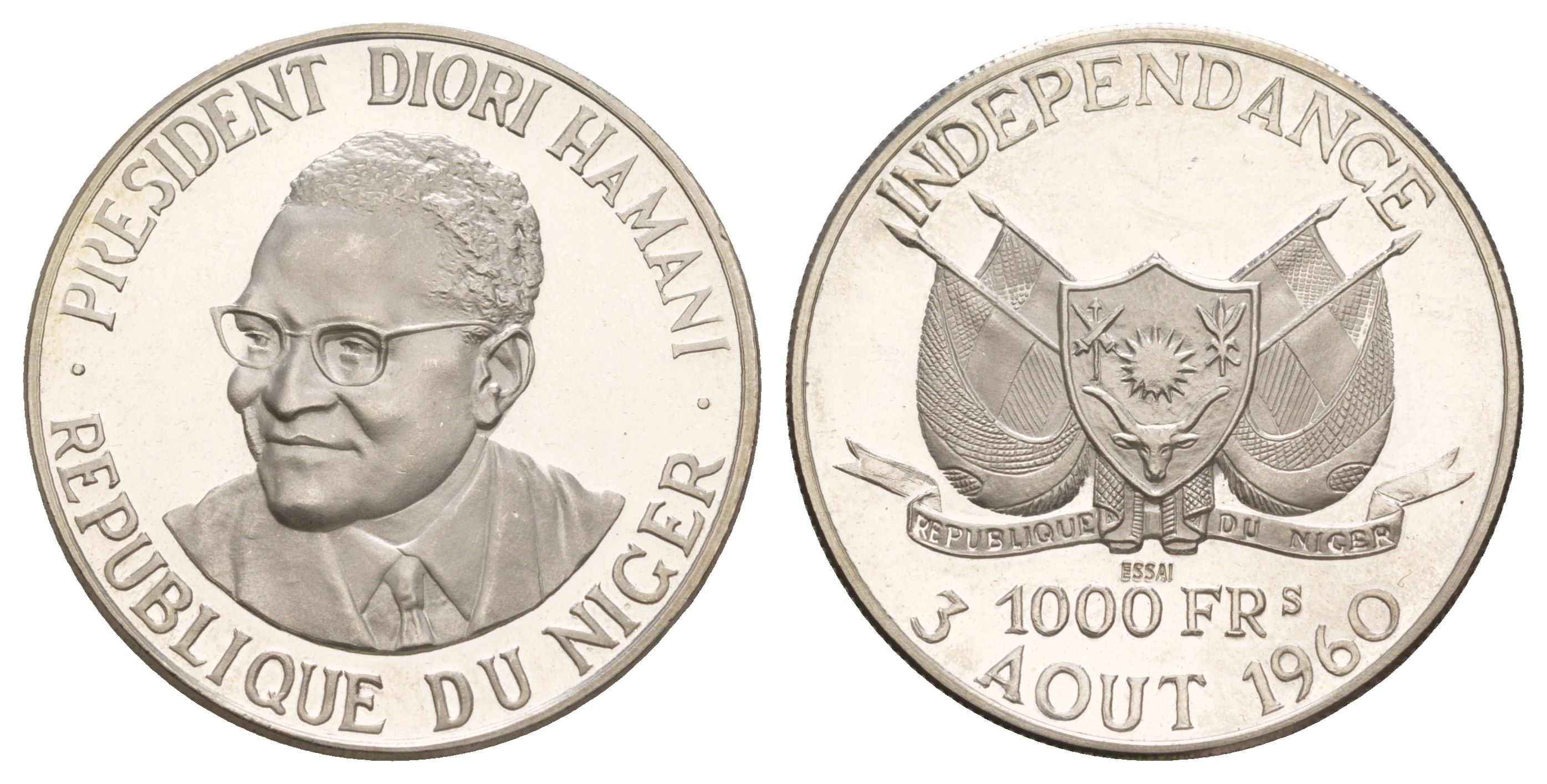 Нигер 1000 франков 1960 ESSAI, президент Амани Диори (Hamani Diori), независимость KM E6 серебро PROOF 413-4043