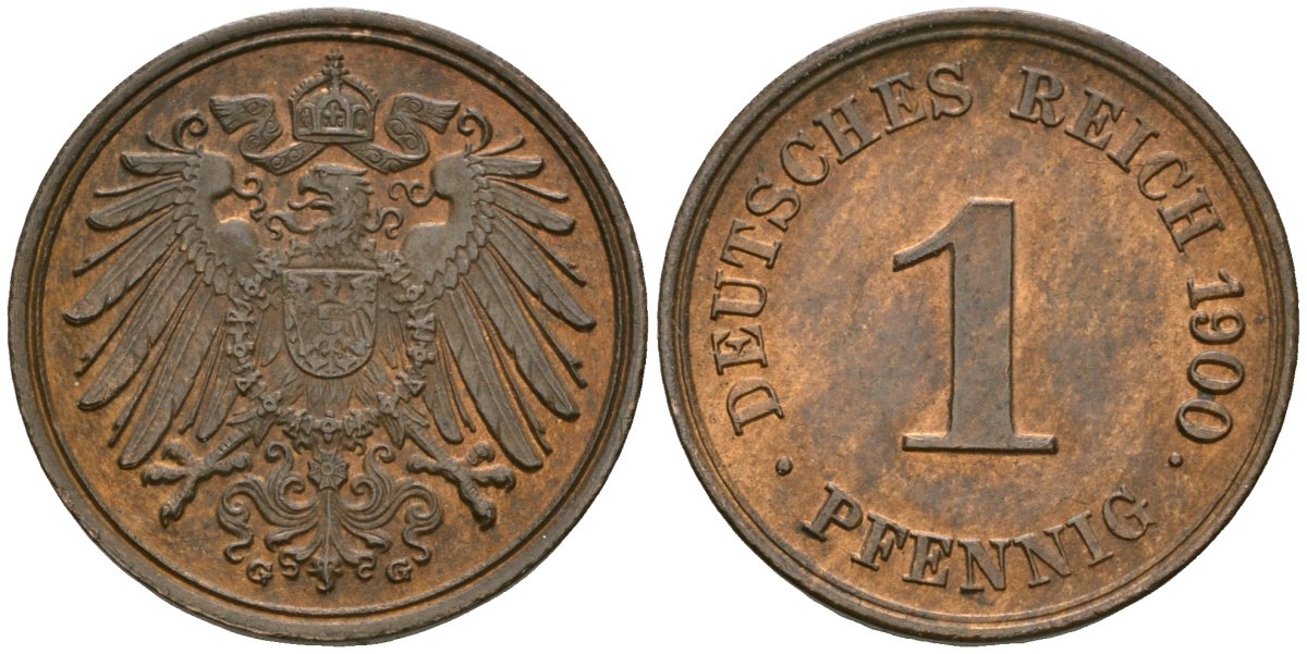 Германия 1 пфенниг 1900 G, Вильгельм II (1888-1918) KM 10, J. 10 медь 4608-618