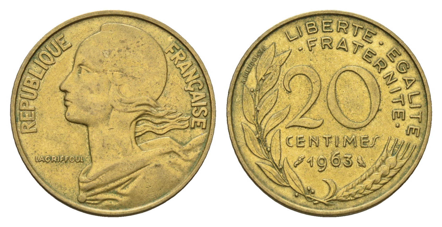 Франция 20 сантимов 1963 тип Marianne KM 930 медь алюминий никель 4681-652