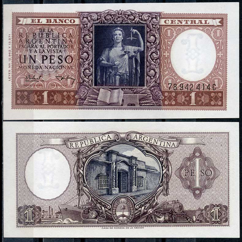 Аргентина 1 песо ND (1956) серия C 78942, статуя юстиции, исторический дом, Тукуман Pick 263 b  бумага  UNC (пресс) 447-37-1