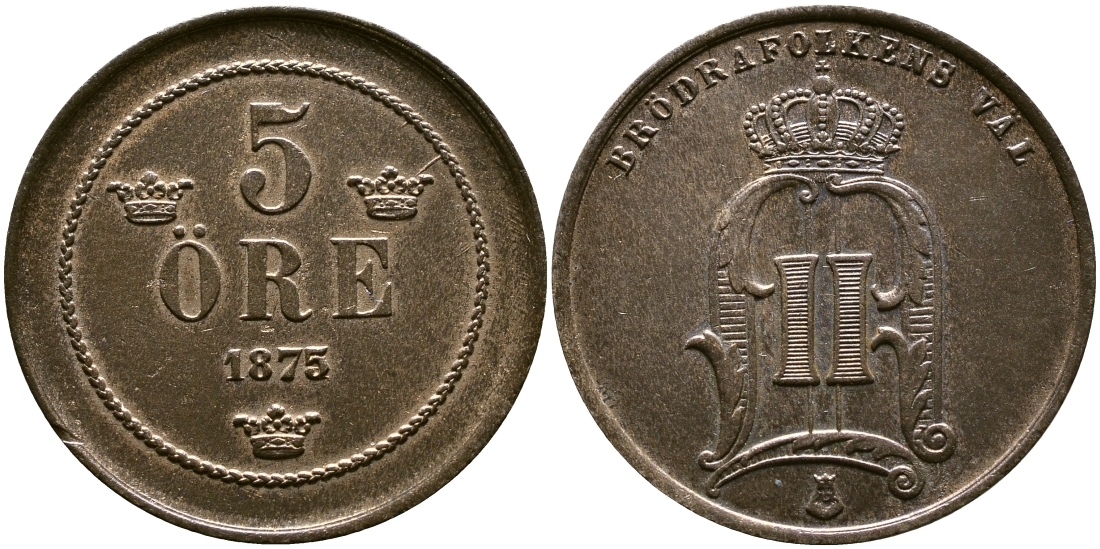 Швеция 5 эре 1875/4 Оскар II (1872-1907) король Швеции и Норвегии 5 перерезана из 4, редкая, состояние! KM 736 бронза 00-807-23