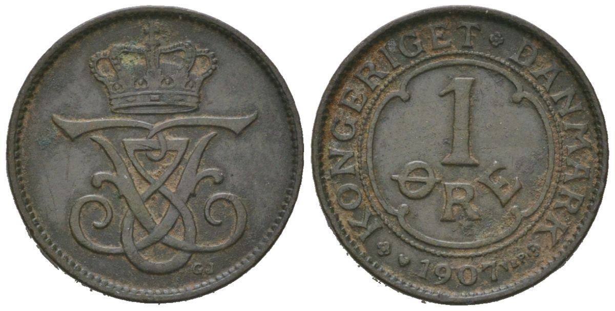 Дания 1 эре 1907 VBP, Фредерик VIII (1906-1912) KM 804 бронза 4147-263