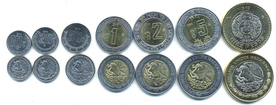 Мексика лот из 7 монет 2010-2011 10, 20, 50 сентаво, 1, 2, 5, 10 песо, 4 монеты биметалл UNC N2-11