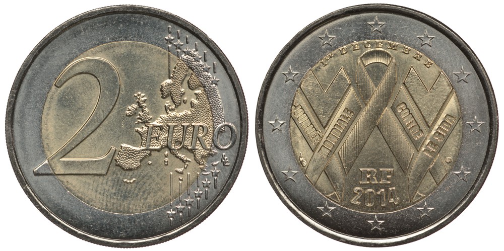 ФРАНЦИЯ 2 ЕВРО 2014 ПЕРВОЕ ДЕКАБРЯ, ВСЕМИРНЫЙ ДЕНЬ БОРЬБЫ СО СПИДОМ KM NEW биметалл 4380-353