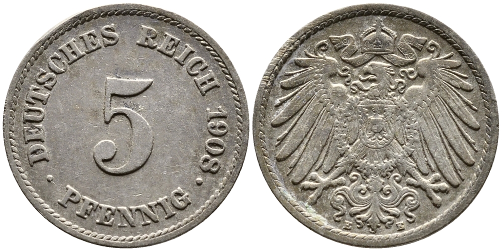 Германия 5 пфеннигов 1908 E KM 11, Jager 12, Weege 6 медно-никель 4387-737