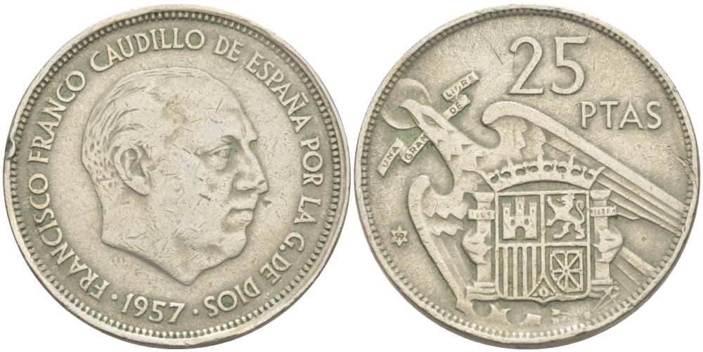 ИСПАНИЯ 25 ПЕСЕТ 1957 (59) ФРАНСИСКО ФРАНКО ДИКТАТОР ИСПАНИИ (1939-1975) KM 787 медно-никель 210-1124