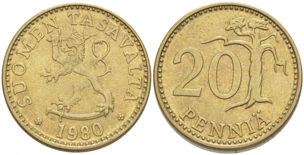 ФИНЛЯНДИЯ 20 ПЕННИ 1980 K KM 47 алюминиевая бронза 3718-646