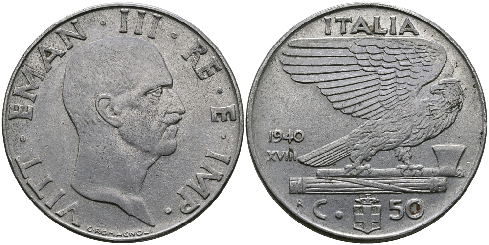 ИТАЛИЯ 50 ЧЕНТЕЗИМО 1940 R, ВИКТОР ИМАНУИЛ, XVIII ГОД KM 76b нержавеющая сталь 98-141