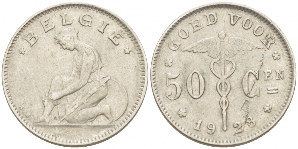 БЕЛЬГИЯ 50 САНТИМОВ 1928 BELGIE KM 88 никель 261-1165