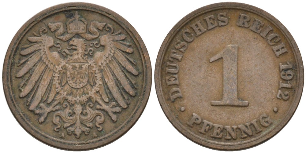 Германия 1 пфенниг 1912 A KM 10, J. 10 медь 4576-229