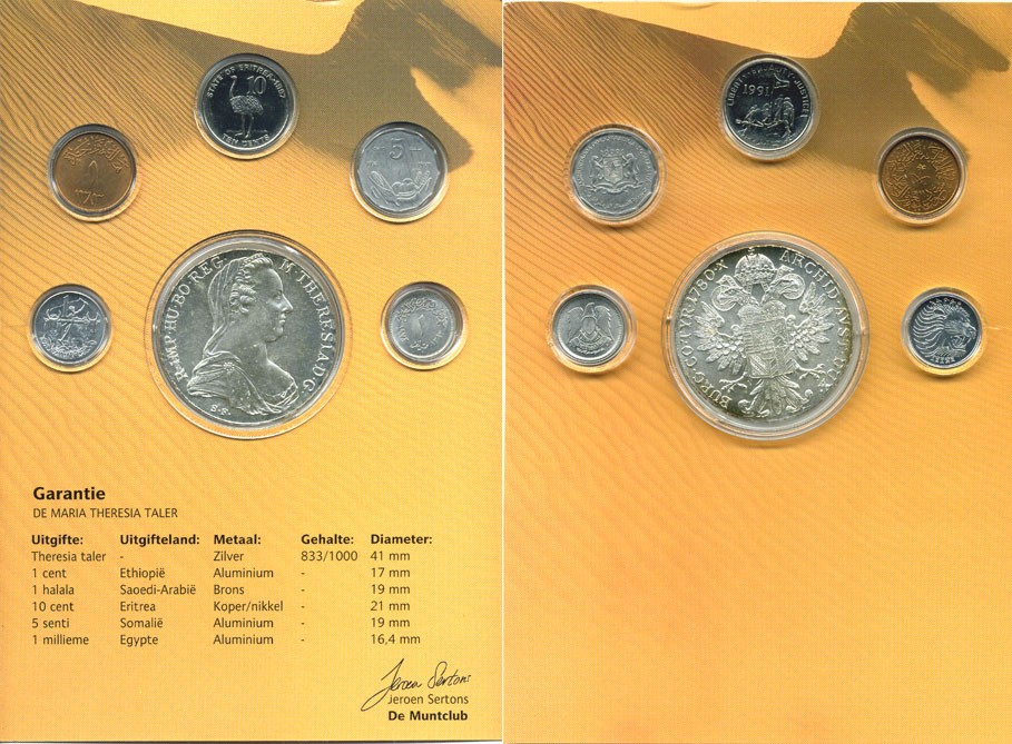 Нидерланды набор из 6 монет, талер Мария Тереза  Австрия 1 талер 1780SF Мария Тереза, Эфиопия 1 цент, Саудовская Аравия 1 халал, Эритрия 10 центов, Сомали 5 сенти, Египет 1 миллим, буклет  серебро  UNC  7-5-5-05