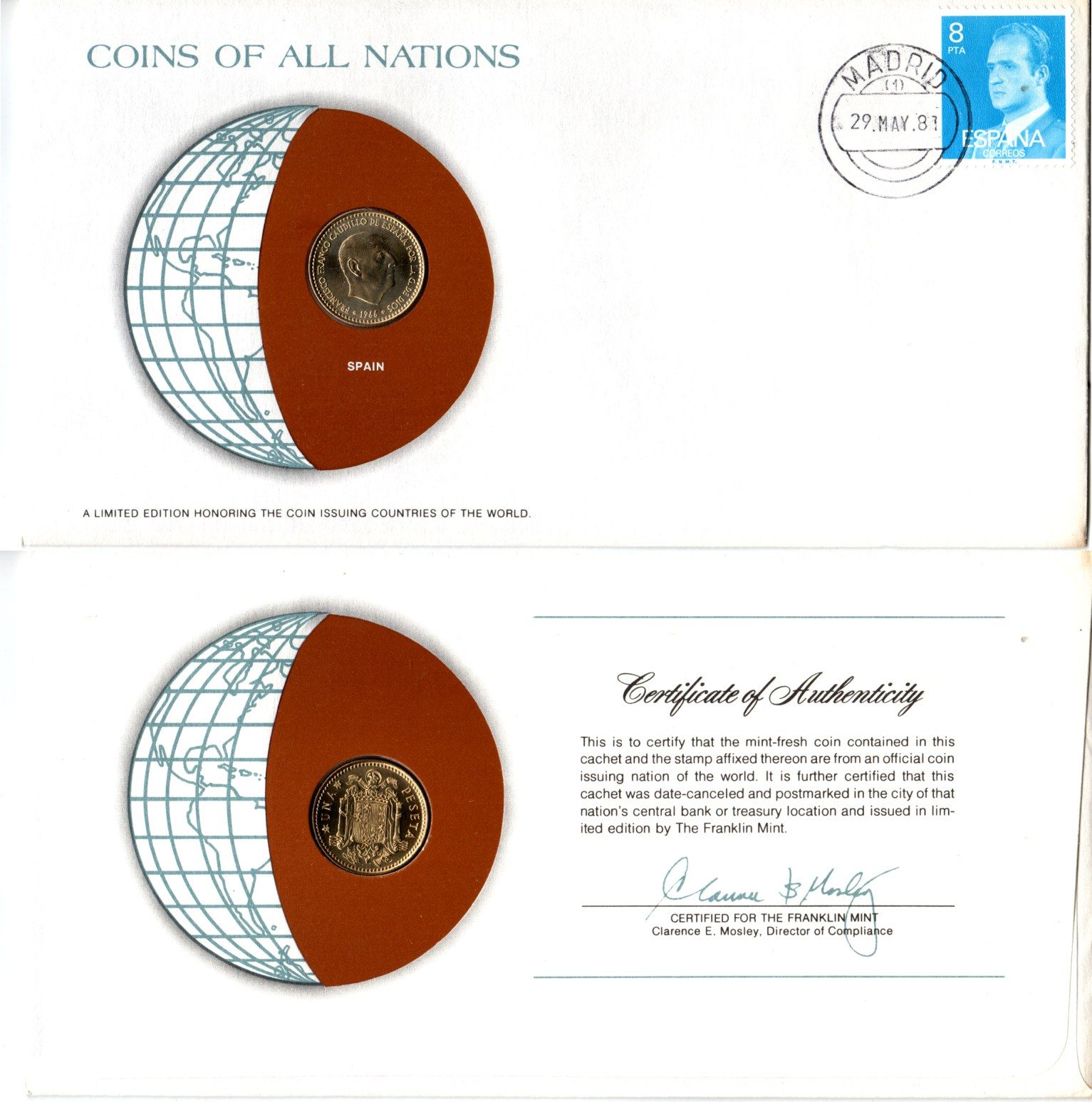 Испания 1 песета 1966 (70) конверт с маркой первого дня гашения, Coins of Nations KM 796 алюминиевая бронза UNC 4294-67-2