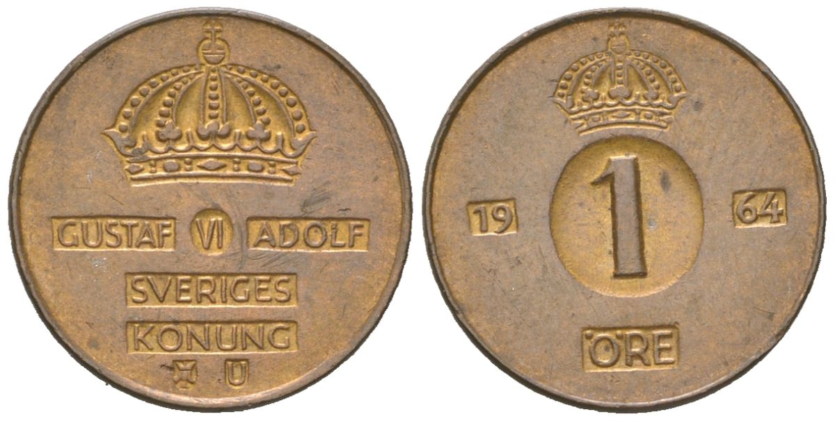 Швеция 1 эре 1964 U, Густав VI Адольф (1950-1973) KM 820 бронза 220-965