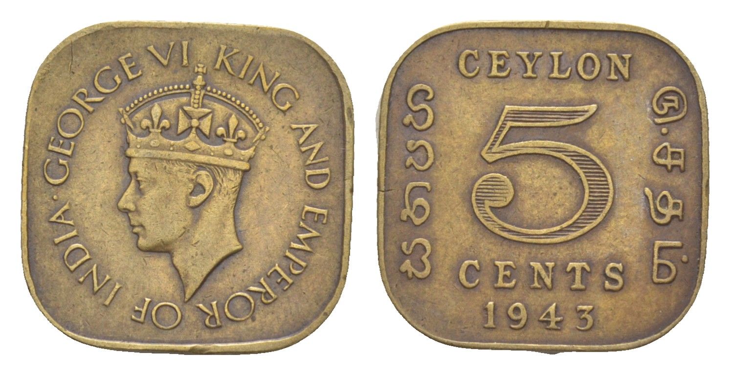 Цейлон 5 центов 1943 Георг VI (1936-1952) KM 113.1 никель латунь 4649-241
