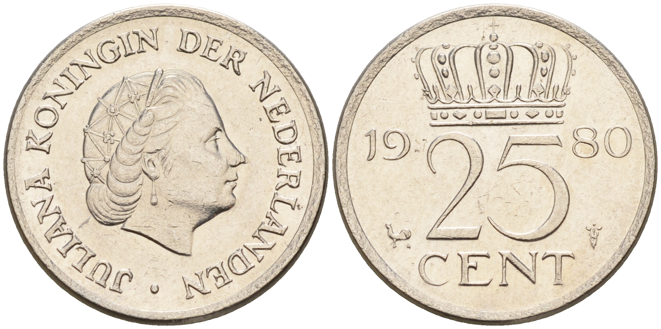 Нидерланды 25 центов 1980 Юлиана (1949-1980) КМ 183 никель    4124-161