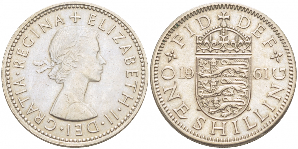 Великобритания 1 шиллинг 1961 Елизавета II (1952-2022), Английский герб KM 904, Spink 4147 медно-никель 77-333
