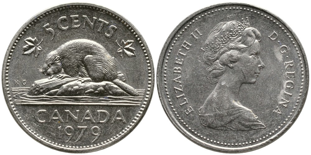КАНАДА 5 ЦЕНТОВ 1979 ЕЛИЗАВЕТА II (1952-), БОБР, ВТОРОЙ ПОРТРЕТ В КОРОНЕ KM 60.2 никель 4543-652