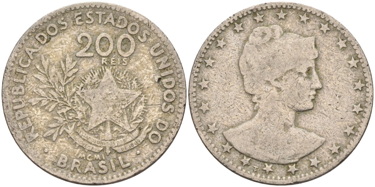 Бразилия 200 рейс 1901 голова свободы вправо KM 504 медно-никель 4589-1111