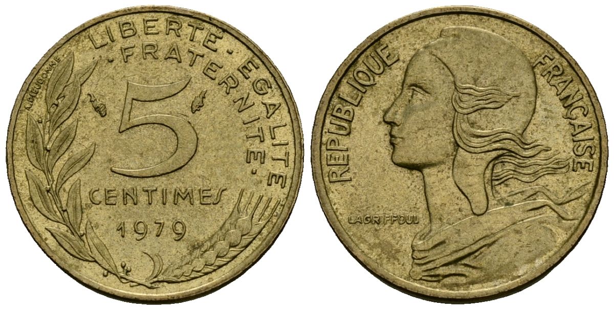 Франция 5 сантимов 1979 тип Marianne KM 933 алюминиевая бронза 4136-442