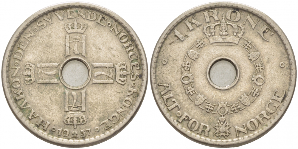 НОРВЕГИЯ 1 КРОНА 1937 KM 385 медно-никель 4402-311