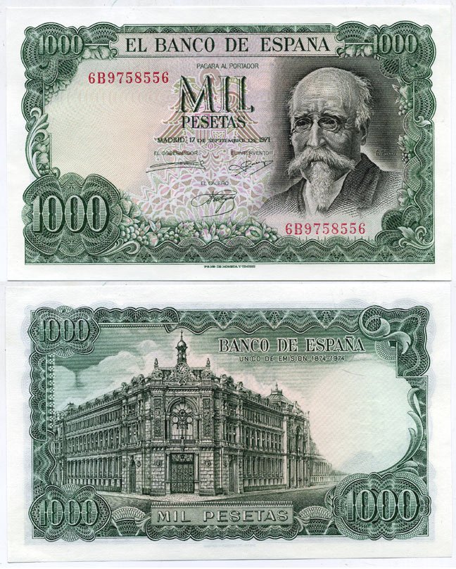 Испания 1000 песет 1971 (1974) Хосе Эчегерай-и-Эйсагирре, 100 лет со дня того, как Banco de España стал единственным банком-эмитентом (1874–1974) Pick 154 бумага UNC (пресс) 451-162-1