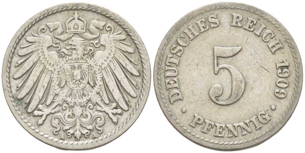 ГЕРМАНИЯ 5 ПФЕННИГОВ 1909 A KM 11, J. 12 медно-никель 105-138