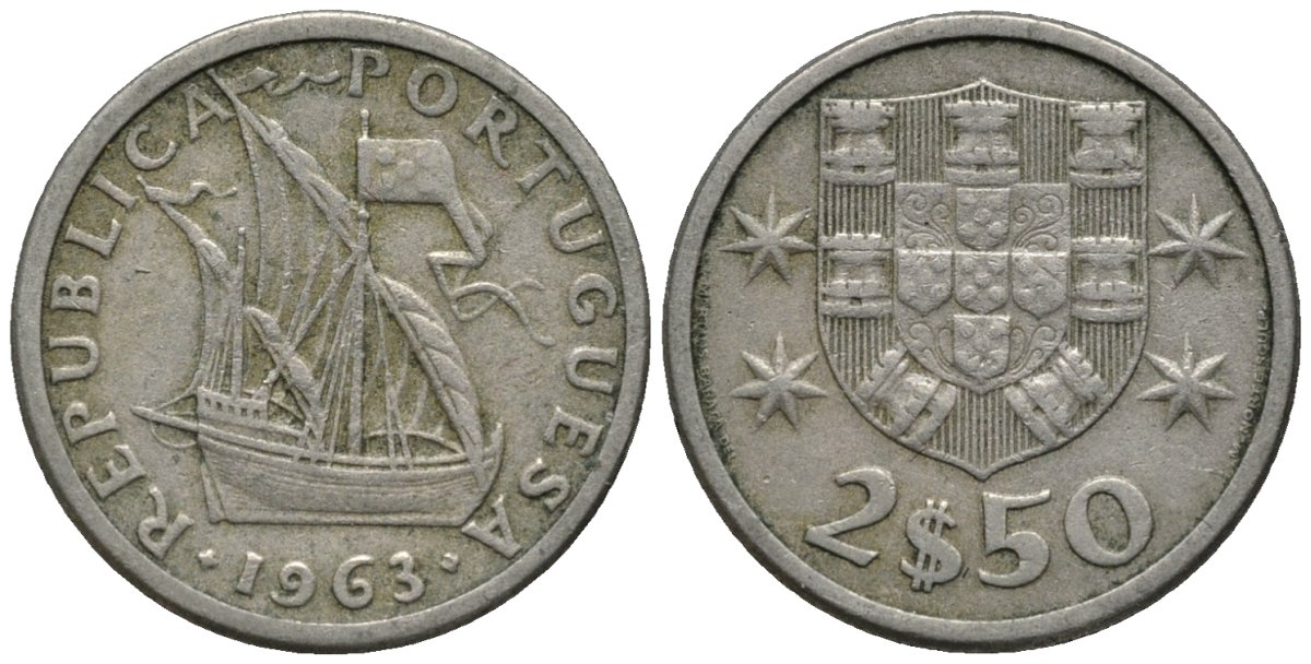 Португалия 2,5 эскудо 1963 парусник KM 590 медно-никель 4576-1256