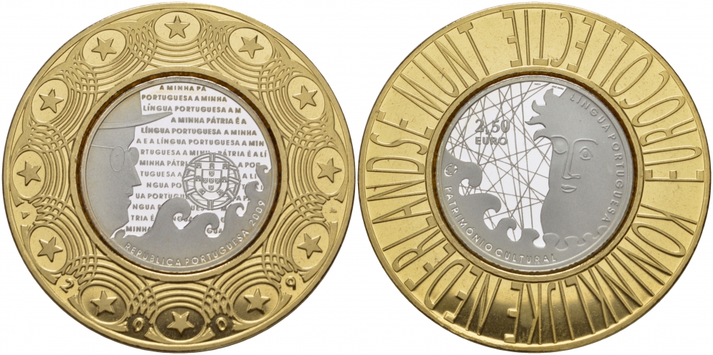 Португалия 2 1/2 евро 2009 португальский язык, тираж  14000 экз. KM 791а серебро PROOF 1085-3-33