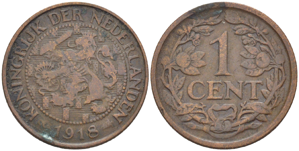НИДЕРЛАНДЫ 1 ЦЕНТ 1918 ВИЛЬГЕЛЬМИНА (1890-1948) KM 152 бронза 76-145