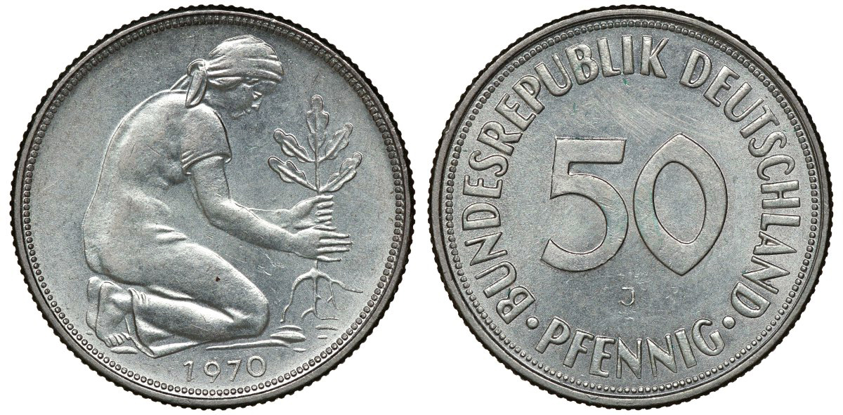 ФРГ 50 ПФЕННИГОВ 1970 J J 384, KM 109.1 медно-никель aUNC 72-1038