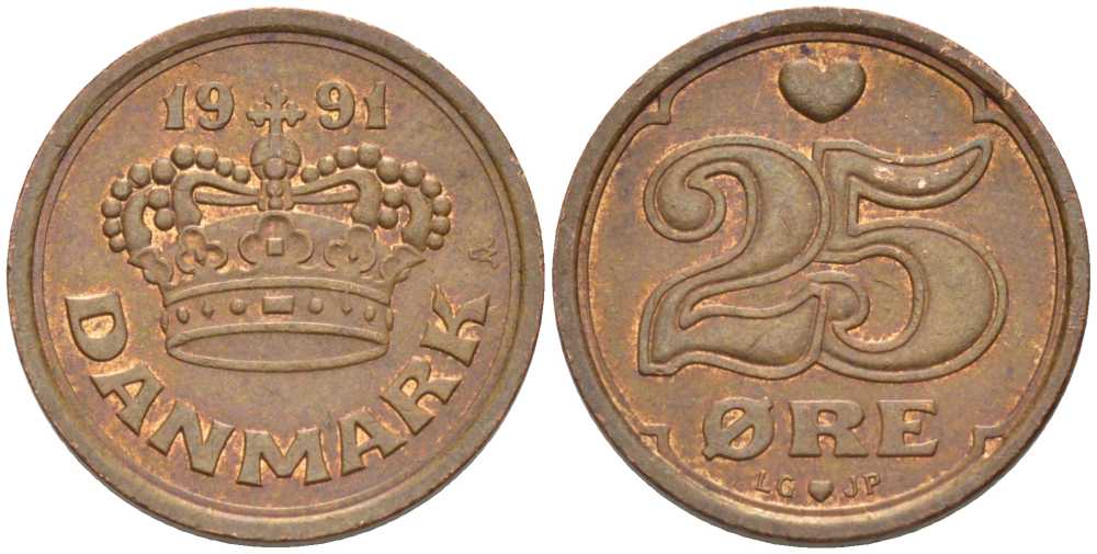 ДАНИЯ 25 ЭРЕ 1991 LG; JP; A, МАРГРЕТЕ II (1972-) KM 868.1 бронза 100-614