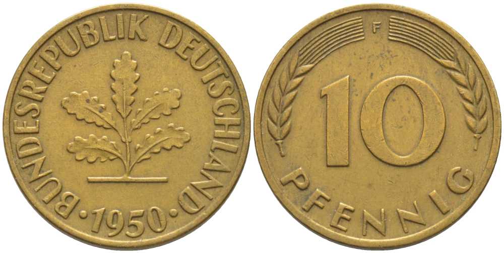 ФРГ 10 ПФЕННИГОВ 1950 F KM 108, J. 383 сталь плакированная латунью 175-735