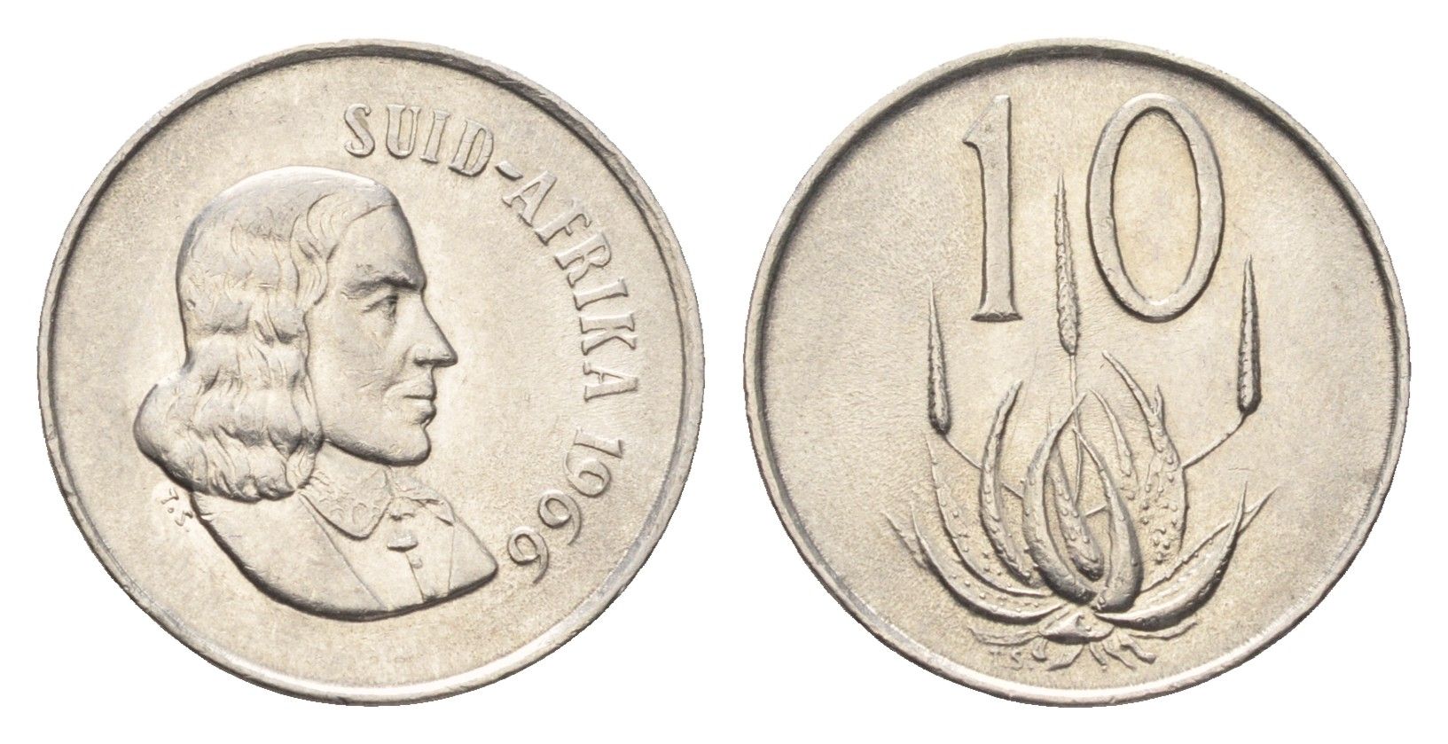 ЮАР 10 центов 1966 Ян ван Рибек (1619-1677), Suid Africa, легенда на африкаанс, цветок алоэ KM 68.2 никель 4694-558