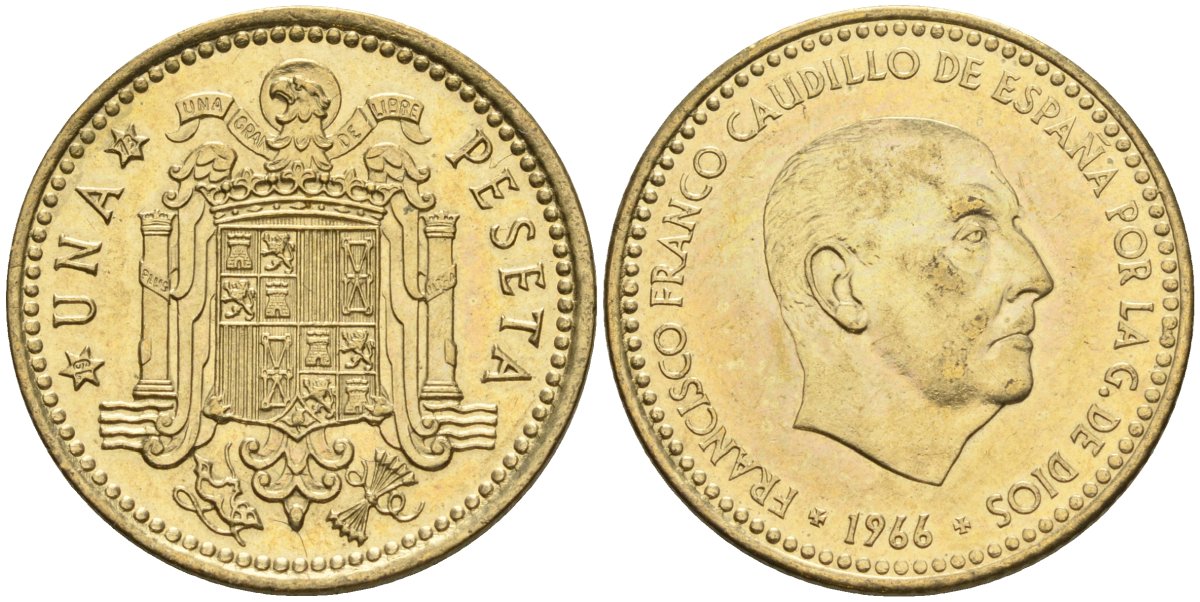 Испания 1 песета 1966 (73) Франсиско Франко (1939-1975) KM 796 алюминиевая бронза 4604-415