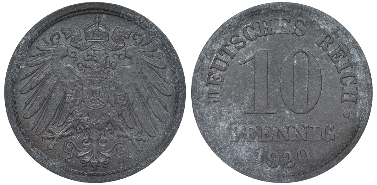 ГЕРМАНИЯ 10 ПФЕННИГОВ 1920 KM 26, J. 299 цинк 45-1265