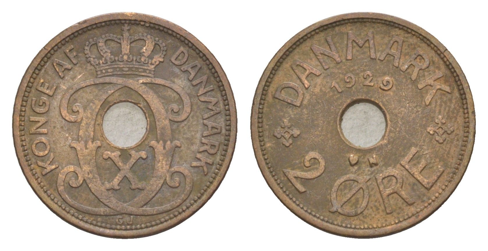 Дания 2 эре 1929 N, Кристиан X (1912-1947) KM 827 бронза 4639-742