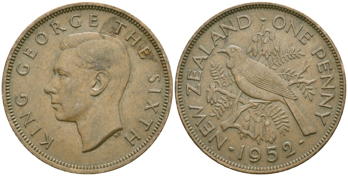 Новая Зеландия 1 пенни 1952 Георг VI (1936-1952), новозеландский туи KM 21 бронза 4557-1245
