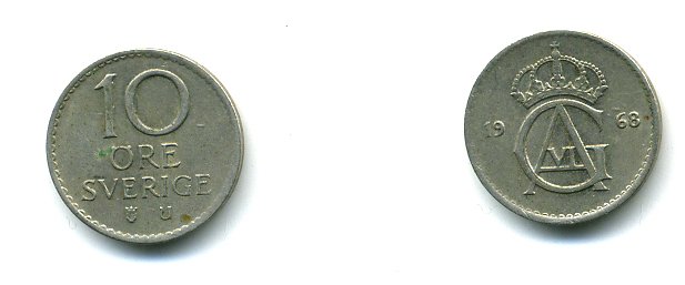 Швеция 10 эре 1968 Густав VI Адольф (1950-1973) KM 835 медно-никель 59-326