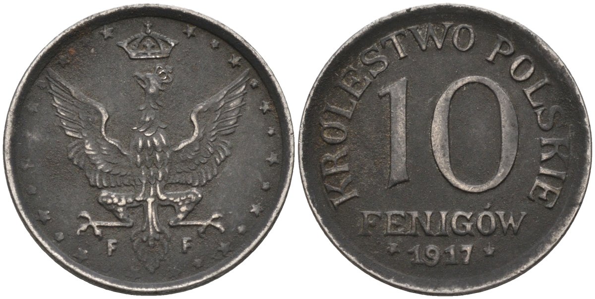 Польша 10 фенигов 1917 FF, Австро-Германское регентство KM 6, Parchimowicz 6a железо 4383-345