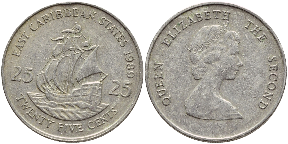 Восточно-Карибские штаты 25 центов 1989 Елизавета II (1952-2022), парусник KM 14 медно-никель 86-956