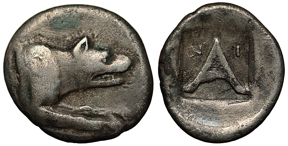 Арголида, Аргос тетробол 330-270 гг. до н.э. голова и передняя часть туловища волка / литера "А", малые литеры "N" И "I" в квадратном углублении, 2,46 гр BCD Peloponnesos 1076 серебро 1073-11-87