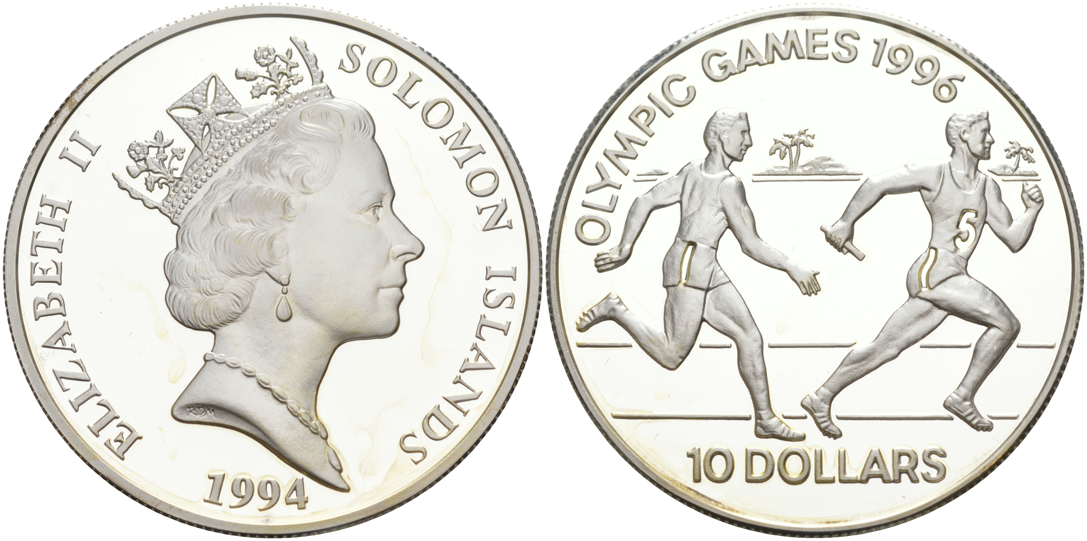 Соломоновы острова 10 долларов 1994 XXVI Олимпийские игры 1996 года в Атланте, бег, эстафета KM 53 серебро PROOF 1074-5-33