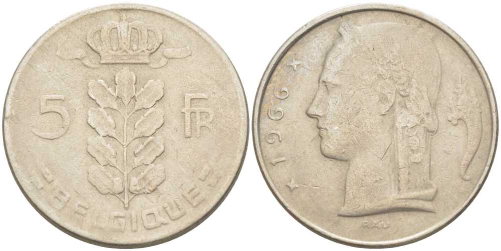 БЕЛЬГИЯ 5 ФРАНКОВ 1966 BELGIQUE, БОДУЭН I (1951-1993) KM 134.1 медно-никель 213-554
