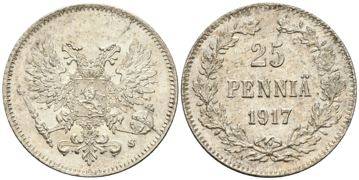 Россия для Финляндии 25 пенни 1917 S, временное правительство, без короны KM 19, Биткин 2 серебро aUNC 4580-1227