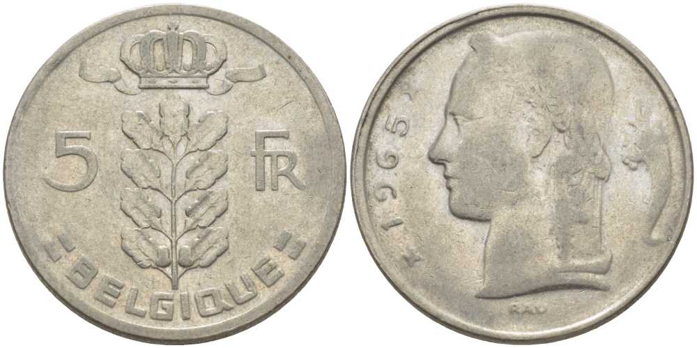 БЕЛЬГИЯ 5 ФРАНКОВ 1965 BELGIQUE, БОДУЭН I (1951-1993) KM 134.1 медно-никель 119-726