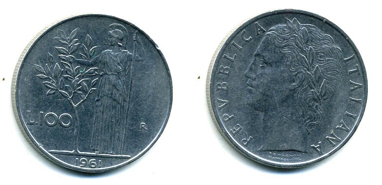 ИТАЛИЯ 100 ЛИР 1961 R KM 96.1 сталь 04-422