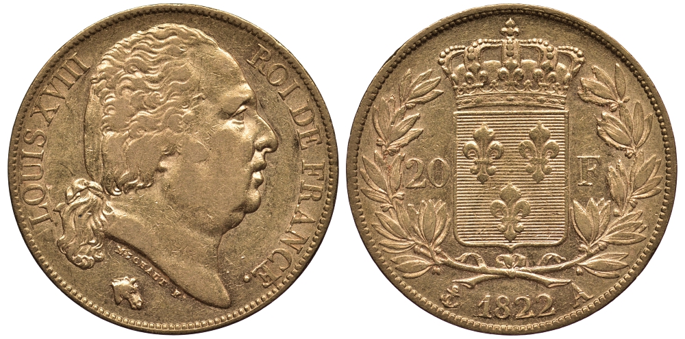 Франция 20 франков 1822 A, Луи XVIII KM 712.1 золото aUNC 00-000-00