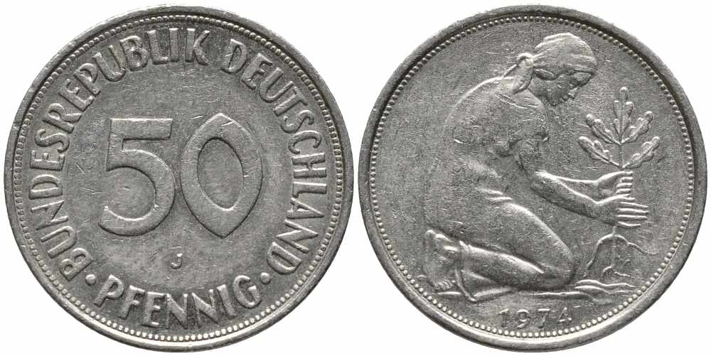 ФРГ 50 ПФЕННИГОВ 1974 J KM 109.1, J. 384 медно-никель 112-156