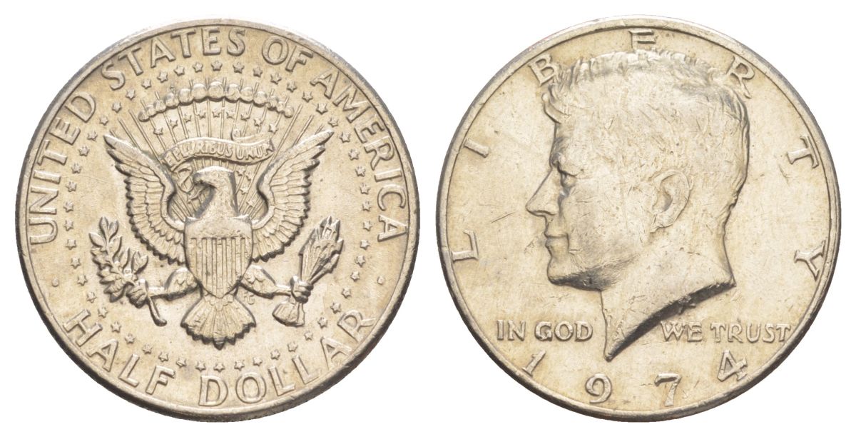США 1/2 доллара (50 центов) 1974 Джон Кеннеди KM 202b медь плакированная медно-никелем aUNC 4536-834